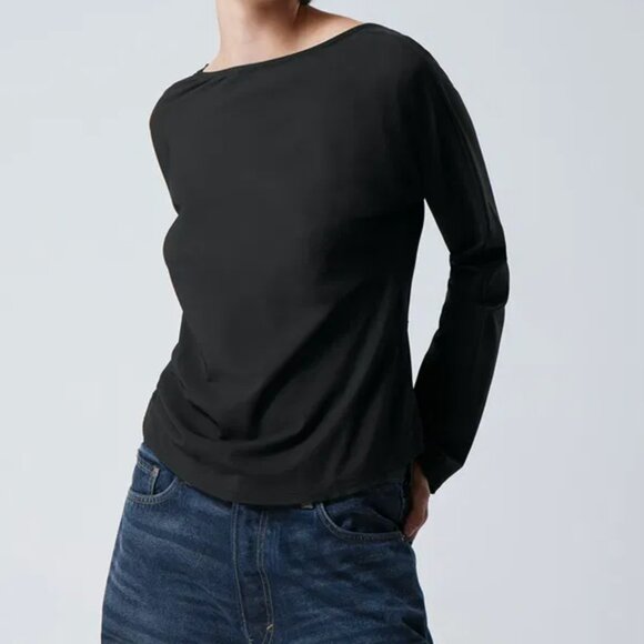 Weekday Black Derya Open Back Oversized Asymmetric Ruched Long Sleeve Top 2 XS - Picture 2 of 10